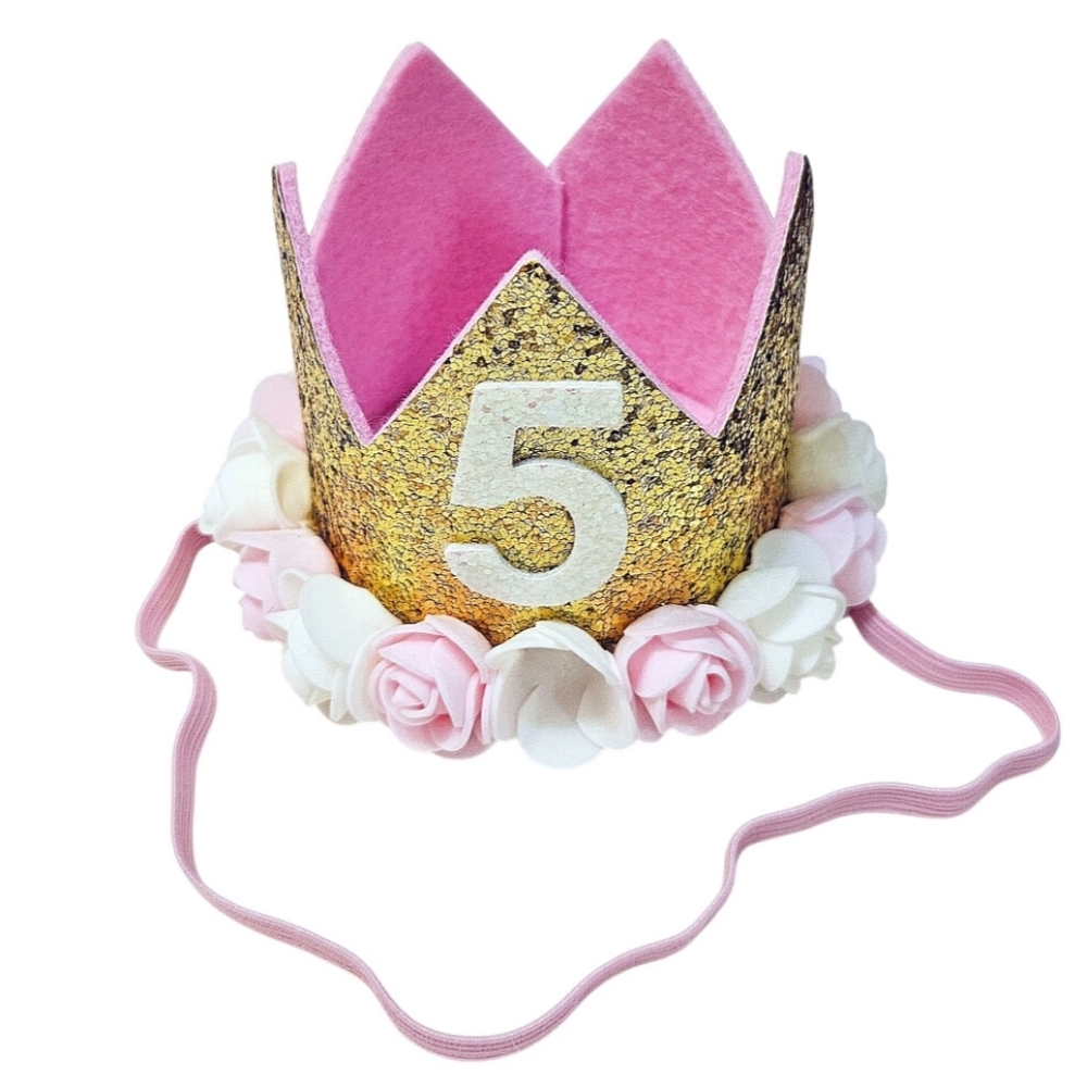 5th Birthday Glitter Rosette Crown with Elastic Chin Strap Handmade